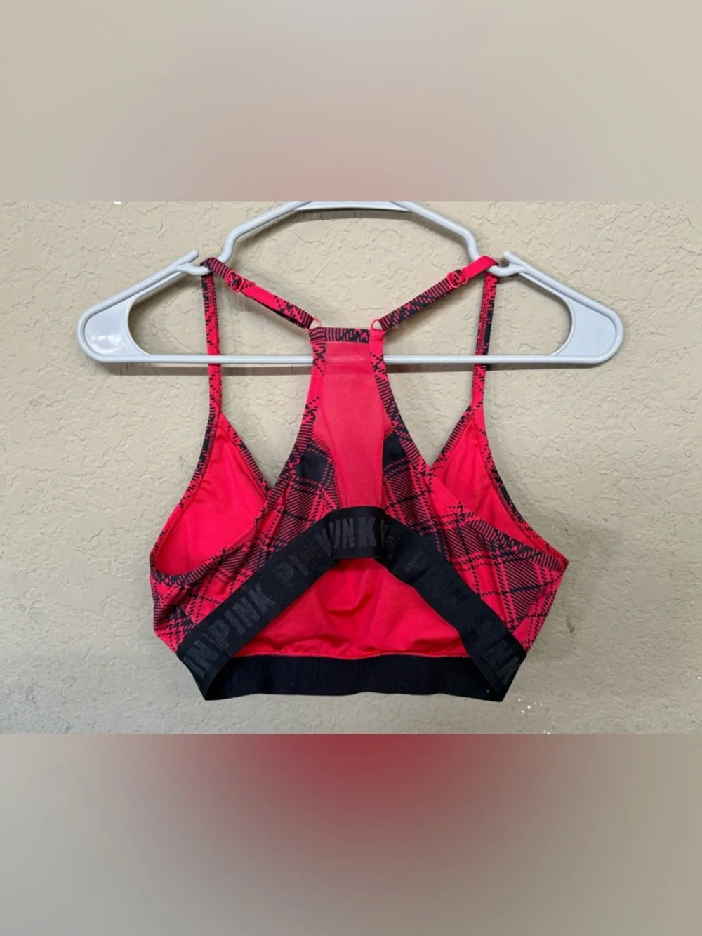 New PINK Victoria's Secret Red Plaid Strappy Sports Bra
